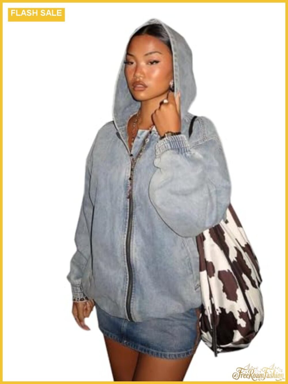 Women's Oversized Hooded Vintage Washed Denim Bomber Jacket, Zip Front Long